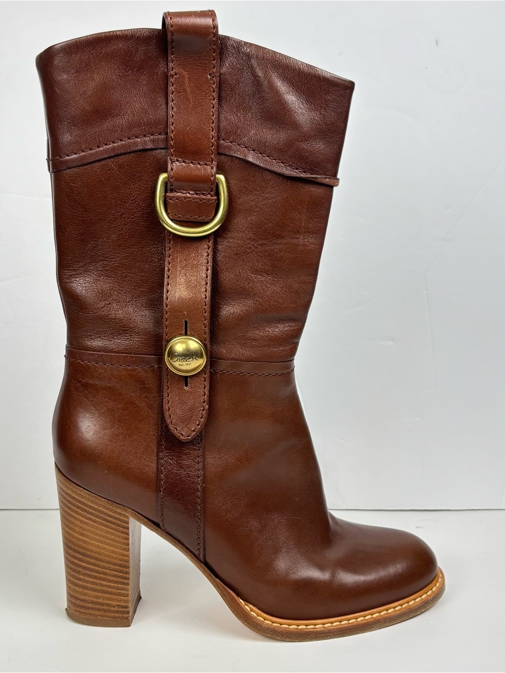 Coach Brown Leather Mid-Calf Boots Women 8B Made Italy Gold Hardware Sandy A7018